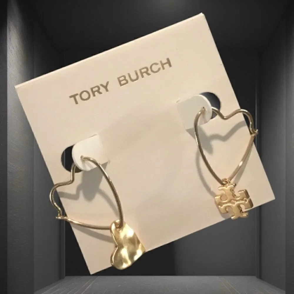 TORY BURCH HEART & LOGO DROP DANGLE EARRINGS 18K GOLD PLATED